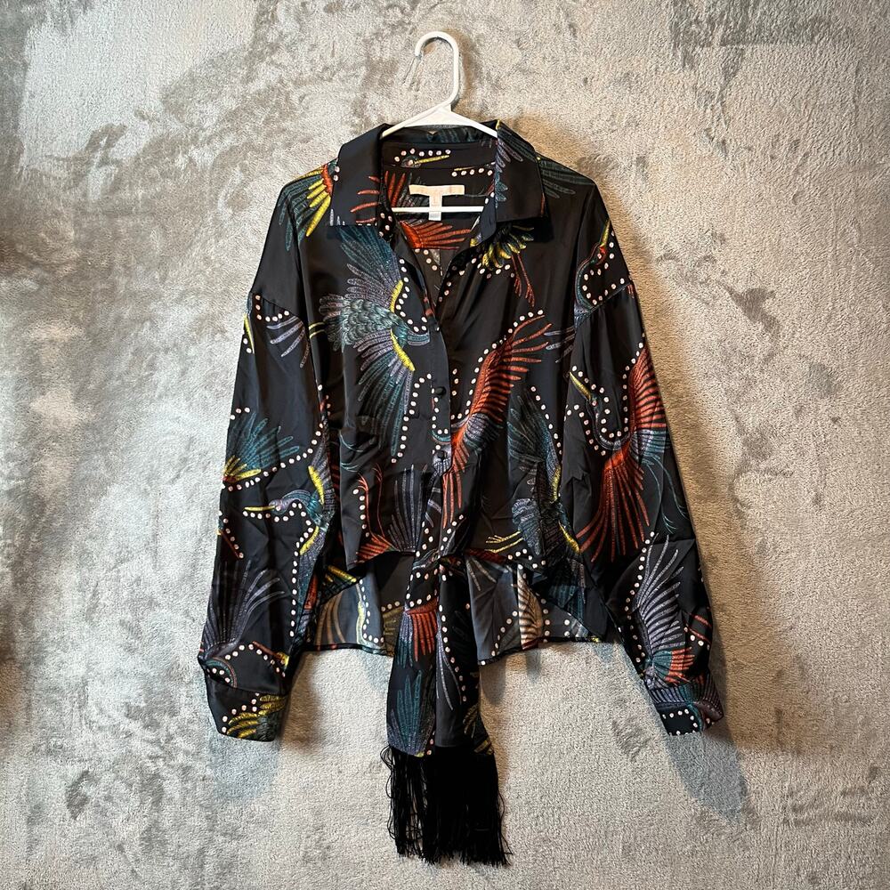 Elegant HUTCH Black Cranes Patterned Women's Top